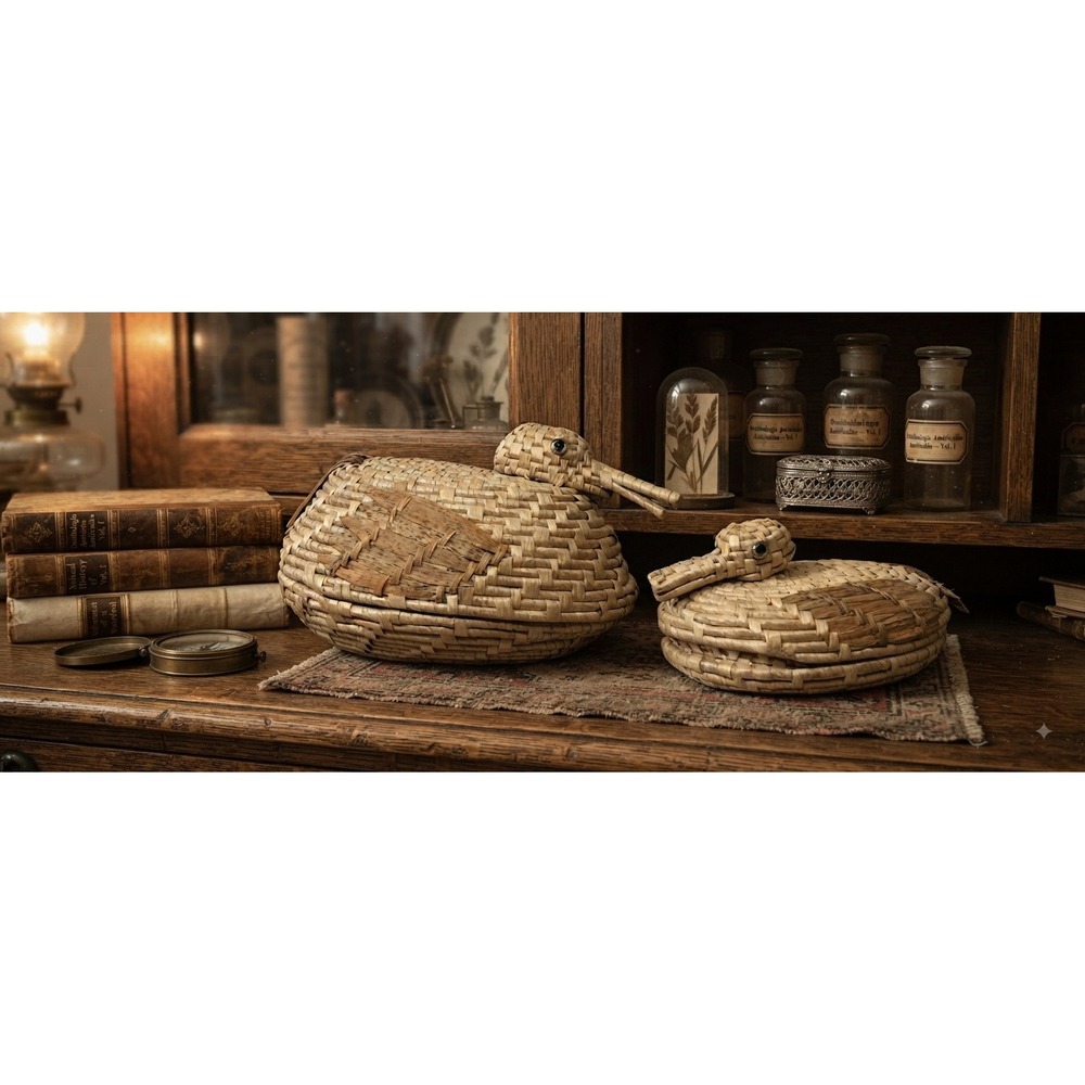 Vintage Woven Straw Duck Nesting Baskets Set of 2 Mallard Figurines with Lids